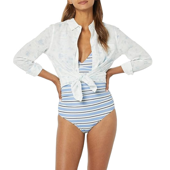 NWT Plunge Tummy Control Shaping One-Piece Swimsuit 2 Horizontal Blue Stripe - Picture 1 of 4